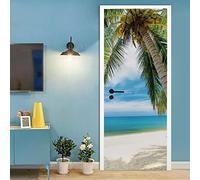 A.Monamour Sticker Porte Autocollant Poster De Porte 3D Cocotier Vert Sur Un Paysage De Nature Tropicale De Plage De Sable Blanc Vinyle Affiche De Porte Sticker Mural Art Décor 77 x 200 cm