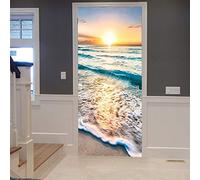 A.Monamour Sticker Porte Autocollant Poster de Porte 3D Coucher De Soleil Océan Bleu Mer Océan Vagues Sable Plage Nature Paysage Vinyle Affiche de Porte Sticker Mural Papier Peint Art Décor 83 x 204cm