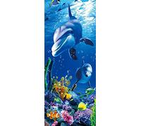 A.Monamour Sticker Porte Autocollant Poster De Porte 3D Dauphin Poisson Tropical Et Corail Thème Marin Océan Bleu Sous Marin Vinyle Affiche De Porte Sticker Mural Papier Peint Art Décor 77x200cm