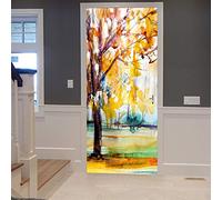 A.Monamour Sticker Porte Autocollant Poster de Porte 3D Dessin Aquarelle Arbres Jaunes Forêt D'Automne Dans Le Parc Vinyle Affiche de Porte Sticker Mural Papier Peint Art Décor 83x204cm