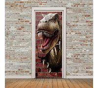 A.Monamour Sticker Porte Autocollant Poster De Porte 3D Dinosaure À Travers Le Mur De Briques Vinyle Affiche De Porte Sticker Mural Papier Peint Art Décor 85 x 200 cm
