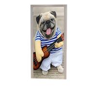A.Monamour Sticker Porte Autocollant Poster de Porte 3D Drôle De Chien Carlin Portant Costume De Musicien avec Guitare Ukulélé Vinyle Affiche de Porte Sticker Mural Papier Peint Art Décor 90 x 200 cm