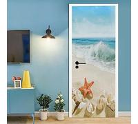 A.Monamour Sticker Porte Autocollant Poster De Porte 3D Éclaboussures De Vagues Sur La Plage Avec Conques Et Coquillages D'Étoiles De Mer Vinyle Affiche De Porte Sticker Mural Papier Peint 85x215cm