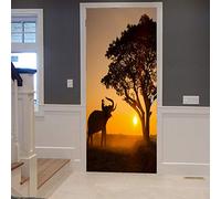 A.Monamour Sticker Porte Autocollant Poster de Porte 3D Éléphant Africain Traditionnel Sous Paysage Coucher De Soleil Arbre Vinyle Affiche de Porte Sticker Mural Papier Peint Art Décor 83 x 204 cm