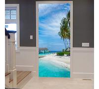 A.Monamour Sticker Porte Autocollant Poster de Porte 3D Été Vacances Plage Bord De Mer Ciel Bleu Palmiers Nature Tropicale Vinyle Affiche de Porte Sticker Mural Papier Peint Art Décor 83 x 204 cm