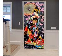 A.Monamour Sticker Porte Autocollant Poster de Porte 3D Femme Japonaise Traditionnelle Geisha Fond Floral Vintage Vinyle Affiche de Porte Sticker Mural Papier Peint Art Décor 90 x 200 cm