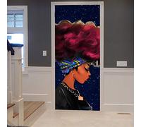 A.Monamour Sticker Porte Autocollant Poster de Porte 3D Fille Afro-Américaine De Cheveux Afro Violet Ciel Étoilé Galaxie Bleue Vinyle Affiche de Porte Sticker Mural Papier Peint Art Décor 77 x 200 cm