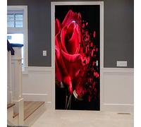 A.Monamour Sticker Porte Autocollant Poster de Porte 3D Fleur Rose Rouge sur Fond Noir Romantique Vinyle Affiche de Porte Sticker Mural Papier Peint Art Décor 90 x 200 cm