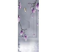 A.Monamour Sticker Porte Autocollant Poster De Porte 3D Fleurs Violettes Avec Oiseau Sur Fond De Salle Vide Art Abstrait Moderne Vinyle Affiche De Porte Sticker Mural Papier Peint Art Décor 85x215cm