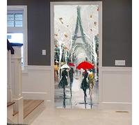 A.Monamour Sticker Porte Autocollant Poster de Porte 3D Les Gens sous des Parapluies Tour Eiffel Paris Peinture Scène De Rue Vinyle Affiche de Porte Sticker Mural Papier Peint Art Décor 90 x 200 cm