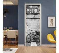 A.Monamour Sticker Porte Autocollant Poster De Porte 3D Location Contre Un Mur En Blocs De Pierre Avec Métro Métro Signe En Noir Et Blanc Vinyle Affiche De Porte Sticker Mural Papier Peint 85x200cm