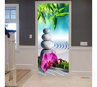 A.Monamour Sticker Porte Autocollant Poster de Porte 3D Méditation Zen Plantes Verte Fleur D'Orchidée Roches Pierres Sable Blanc Vinyle Affiche de Porte Sticker Mural Papier Peint Art Décor 90 x 200cm