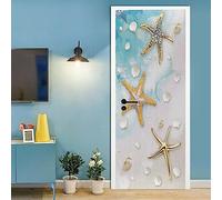 A.Monamour Sticker Porte Autocollant Poster De Porte 3D Motif Nautique Avec Coquillages D'Étoiles De Mer Sur La Plage De Sable Vinyle Affiche De Porte Sticker Mural Papier Peint Art Décor 77x200cm