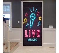 A.Monamour Sticker Porte Autocollant Poster de Porte 3D Néon Lumière Rougeoyante Musique Live Microphone Fond De Note De Musique Vinyle Affiche de Porte Sticker Mural Papier Peint Art Décor 77 x 200cm