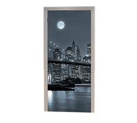 A.Monamour Sticker Porte Autocollant Poster de Porte 3D New York Brooklyn Bridge Manhattan Skyline La Nuit Monochrome Vinyle Affiche de Porte Sticker Mural Papier Peint Art Décor 77 x 200 cm