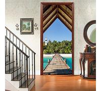 A.Monamour Sticker Porte Autocollant Poster De Porte 3D Passerelle Au-Dessus De L'Océan Turquoise Vers Une Île Des Maldives Vinyle Affiche De Porte Sticker Mural Papier Peint Art Décor 77 x 200 cm