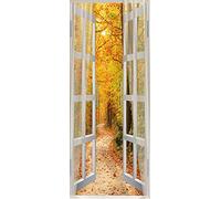 A.Monamour Sticker Porte Autocollant Poster De Porte 3D Paysage De Forêt D'Automne Orange À Travers La Fenêtre Ouverte Vinyle Affiche De Porte Sticker Mural Papier Peint Art Décor 90 x 200 cm