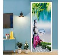 A.Monamour Sticker Porte Autocollant Poster De Porte 3D Pierres De Massage En Bambou D'Orchidée De Sable Dans Le Jardin Zen Vinyle Affiche De Porte Sticker Mural Papier Peint Art Décor 77x200cm