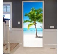 A.Monamour Sticker Porte Autocollant Poster De Porte 3D Plage De Mer Bleue Tropicale Avec Sable Blanc Et Cocotiers Vinyle Affiche De Porte Sticker Mural Papier Peint Art Décor 90x200cm