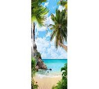A.Monamour Sticker Porte Autocollant Poster De Porte 3D Plage De Sable avec Palmiers Paysage D'Île Tropicale Vinyle Affiche De Porte Sticker Mural Papier Peint Art Décor 77 x 200 cm