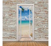 A.Monamour Sticker Porte Autocollant Poster De Porte 3D Plage De Sable Bleu Vue sur L'Océan Depuis La Porte Ouverte Vinyle Affiche De Porte Sticker Mural Papier Peint Art Décor 77 x 200 cm