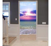 A.Monamour Sticker Porte Autocollant Poster de Porte 3D Plage De Sable Coucher De Soleil Bleu Océan Ciel Coloré Nature Paysage Vinyle Affiche de Porte Sticker Mural Papier Peint Art Décor 90 x 200 cm