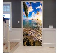 A.Monamour Sticker Porte Autocollant Poster de Porte 3D Plage De Sable Lever du Soleil À Hawaii Océan Mer Tropical Palmier Vinyle Affiche de Porte Sticker Mural Papier Peint Art Décor 90 x 200 cm