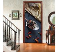 A.Monamour Sticker Porte Autocollant Poster De Porte 3D Poivre Coloré Dans Une Cuillère Sur Une Table Vinyle Affiche De Porte Sticker Mural Papier Peint Art Décor 77x200cm