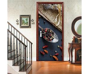 A.Monamour Sticker Porte Autocollant Poster De Porte 3D Poivre Coloré Dans Une Cuillère Sur Une Table Vinyle Affiche De Porte Sticker Mural Papier Peint Art Décor 77x200cm