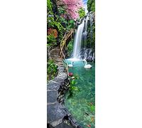 A.Monamour Sticker Porte Autocollant Poster De Porte 3D Pont en Bois Fleur De Cerisier Cascade Cygnes dans Le Lac Paysage Nature Vinyle Affiche De Porte Sticker Mural Papier Peint Décor 77 x 200 cm