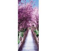 A.Monamour Sticker Porte Autocollant Poster De Porte 3D Pont en Bois Japonais De Fleurs De Cerisier De Sakura Vinyle Affiche De Porte Sticker Mural Papier Peint Art Décor 95 x 215 cm