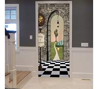 A.Monamour Sticker Porte Autocollant Poster de Porte 3D Scène De Fée De Porte en Pierre De Plancher De Brique Noir Et Blanc Vinyle Affiche de Porte Sticker Mural Papier Peint Art Décor 77 x 200 cm