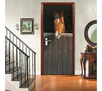 A.Monamour Sticker Porte Autocollant Poster De Porte 3D Un Cheval Rouge Dans L'Écurie Vinyle Affiche De Porte Sticker Mural Papier Peint Art Décor 90x200cm