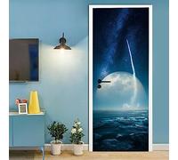 A.Monamour Sticker Porte Autocollant Poster De Porte 3D Un Lancement De Fusée Glacée De Planète Avec Une Énorme Lune Et Une Voie Lactée En Arrière-Plan Vinyle Affiche De Porte Sticker Mural 77x200cm