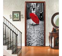 A.Monamour Sticker Porte Autocollant Poster De Porte 3D Un Parapluie Rouge Dans La Rue De La Vieille Ville Vinyle Affiche De Porte Sticker Mural Papier Peint Art Décor 85 x 200 cm