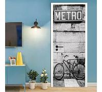 A.Monamour Sticker Porte Autocollant Poster De Porte 3D Vélo Contre Un Mur En Blocs De Pierre Sous Un Panneau De Métro Blanc Et Noir Vinyle Affiche De Porte Sticker Mural Papier Peint 85 x 200 cm