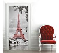 A.Monamour Sticker Porte Autocollant Poster De Porte 3D Vue Monochrome De Tour Eiffel Avec La Couleur Rouge Vinyle Affiche De Porte Sticker Mural Papier Peint Art Décor 85 x 215 cm