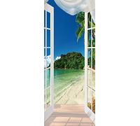 A.Monamour Sticker Porte Autocollant Poster De Porte 3D Vue Sur La Mer Par La Fenêtre Ouverte Vinyle Affiche De Porte Sticker Mural Papier Peint Art Décor 95x215cm