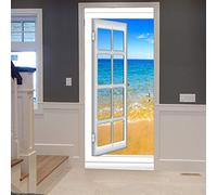 A.Monamour Sticker Porte Autocollant Poster de Porte 3D Vue sur La Plage De Sable Bleu De La Mer Depuis La Fenêtre Ouverte Vinyle Affiche de Porte Sticker Mural Papier Peint Art Décor 90x200cm