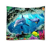 A.Monamour Tapisserie Murale 3D Monde sous-Marin Dauphin Poissons Récif De Corail Vie Marine Bleu Océan Imprimer Boho Hippie Mandala Tenture Murale Tapisserie Mur Art Décors Tissu Nappe 130X153Cm