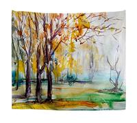 A.Monamour Tapisserie Murale Aquarelle Dessin Arbres Jaunes Forêt D'Automne Dans Le Parc Tissu Toile Tenture Murale Décoration Murale pour Salon Chambre Dortoir 153x229cm