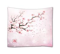 A.Monamour Tapisserie Murale Branche De Cerisier du Japon avec Fleurs Roses Épanouies Sakura Romantique Floral Fond Boho Hippie Mandala Tenture Murale Tapisserie Murale Papier Peint Nappes 153x203cm