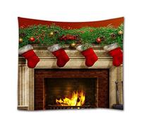 A.Monamour Tapisserie Murale Chaussettes Rouges Suspendus Devant De La Brique Cheminée Vert Sapin Branche Décoration De Vacances De Noël Tissu Décor Mural Tentures Murales Rideau 102x153cm
