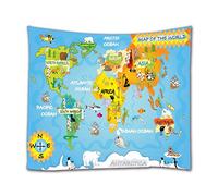 A.Monamour Tapisserie Murale Dessin Animé Animal Carte du Monde pour Les Enfants Géographie Éducation Abstrait Décor Textile Tissu Tenture Murale Tapisserie Rideaux Nappe 130x153cm