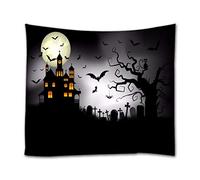 A.Monamour Tapisserie Murale Nuit Effrayante Halloween Hantée Maison Pierre Tombale Battant Chauve-Souris Arbre Mort Ronde Lune Lunatique Scène Effrayante Tissu Décor Tentures Murales 153x203cm