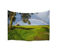 A.Monamour Tapisserie Murales Maison Rurale Champ Vert Ferme Arbre Arc-En-Ciel Dans Le Paysage De Campagne Ciel Bleu Tissu 3D Tenture Murale Art Décor Psychédélique Mandala Bohémien Hippie