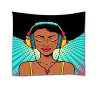 A.Monamour Tapisseries Afro Noir Cheveux Femme Africaine Avec Un Casque Écouter De La Musique Pop Art Imprimer Boho Hippie Mandala Tapisserie Tentures Murales Rideau Couvre-Lit