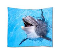 A.Monamour Tapisseries Dauphin Souriant Bébé Nageant Dans L'Eau Bleue Dauphin Portrait Art Imprimé Polyester Tissu Tenture Murale Tapisserie Décors Rideaux Pour La Maison 102X153Cm / 40 "X60