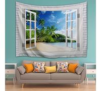 A.Monamour Tapisseries Décoratives Île Tropicale Palmier Bleu Océan Bord De Mer Plage Paysage Vue De La Fenêtre Ouverte En Bois Blanc Impression Polyester Tapisserie Murales 153X102Cm