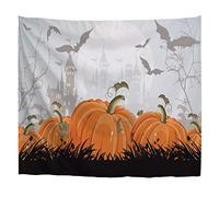 A.Monamour Tapisseries Halloween Orange Citrouille Pleine Lune Château Hanté Croquis Image Art Impression Tissu Tenture Murale Tapisserie Art Décors pour La Maison des Dortoirs D'Université